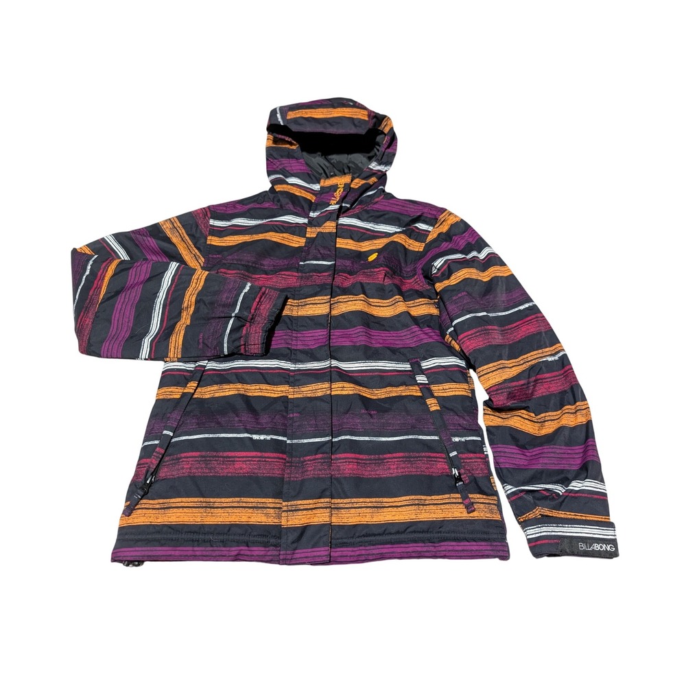 Billabong Snow Jacket Women XS Black Purple Striped Qaltyr 8K Waterproof Hooded